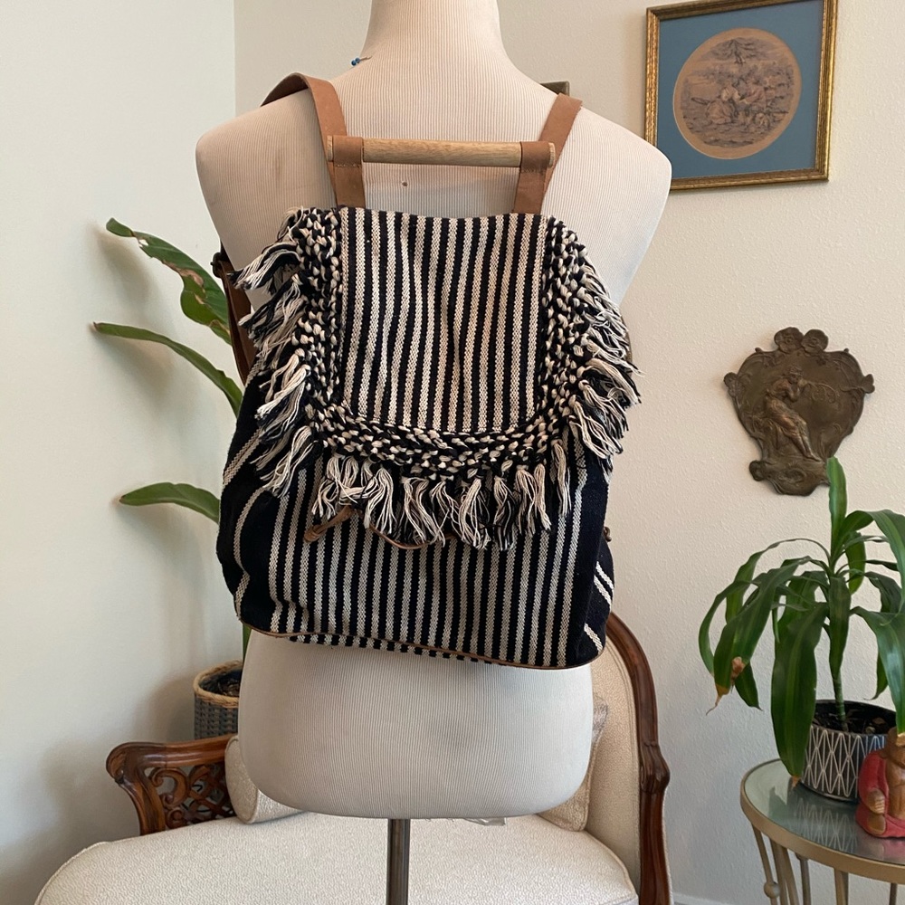 Vintage textile, leather, wood backpack